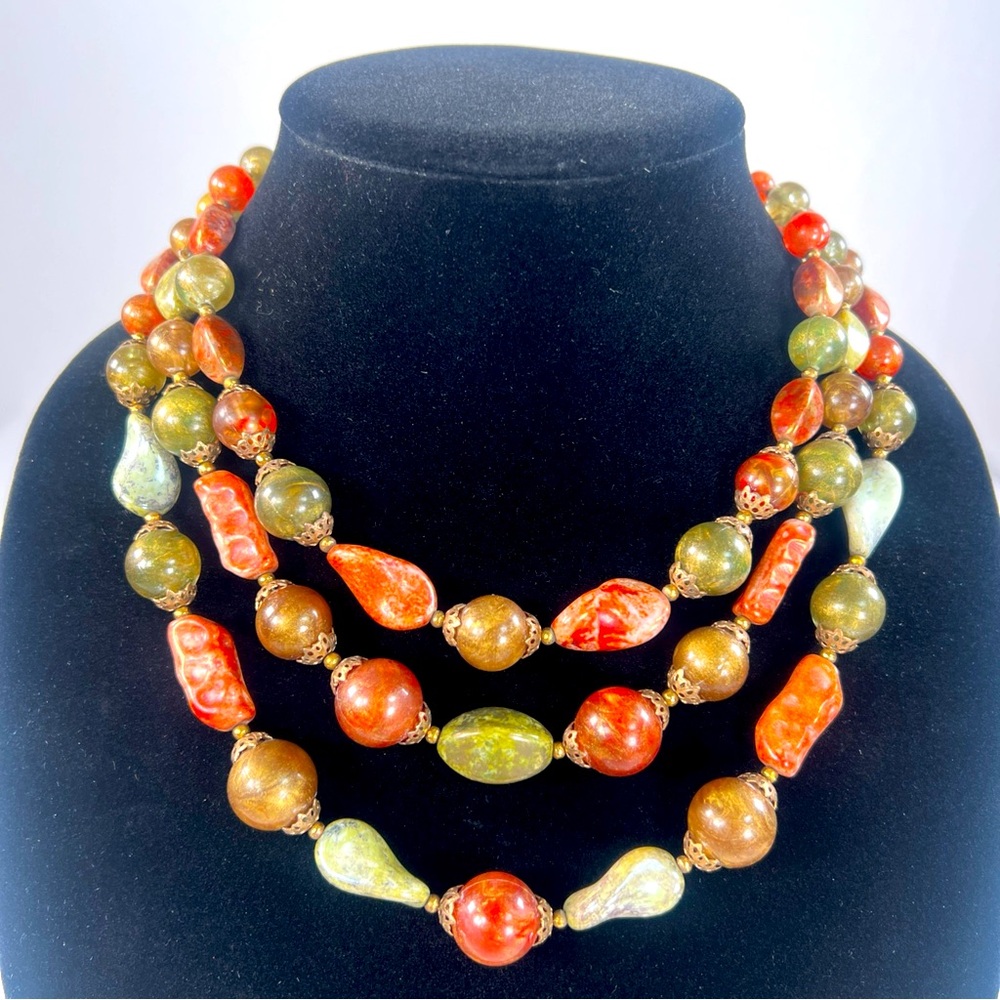 Crown Trafari 3 Strand Beaded Necklace MCM Gold Tone Signed EUC